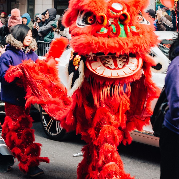 A beautiful red Chinese New Year dragon strutting down the streets of New York.