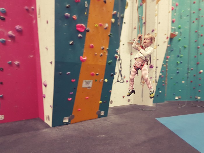 Toddler climbing Freya swinging