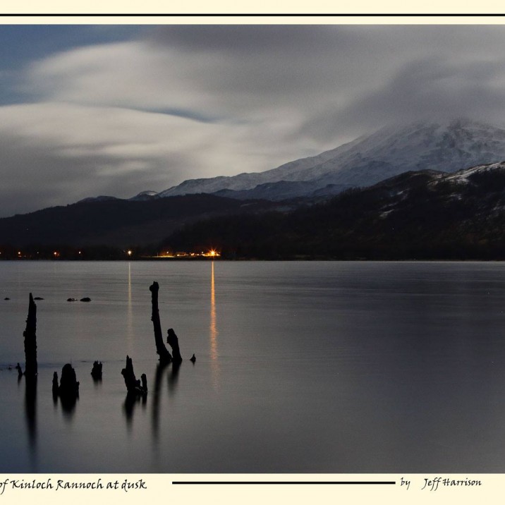 Jeff Harrison is a Perthshire based professional photographer who immerses himself in the local scenery taking fantastic images of the nature and wildlife of Perthshire. He perfectly captures the early winter scene here in Highland Perthshire, showing the snow-covered and cloud-capped Schiehallion and the bright lights of Kinloch Rannoch at dusk from across Loch Rannoch . You can view more of Jeffs work through his own website here.