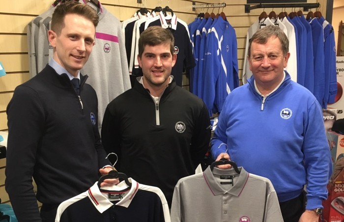 Blairgowrie Golf Club ambassador Bradley Neil (centre) will wear the club and Glenmuir crests on the Challenge Tour this season. He is pictured with managing secretary Steven Morgan and professional Charles Dernie.