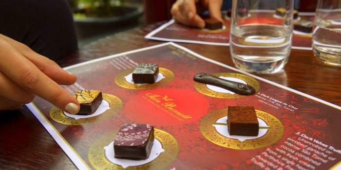 Online guided Chocolate Tasting Flight recorded by Master Chocolatier Iain Burnett.  Order the 5 award-winning Velvet Truffles, tasting mats and audio-link in advance for delivery worldwide. £21.95 per 2 people.