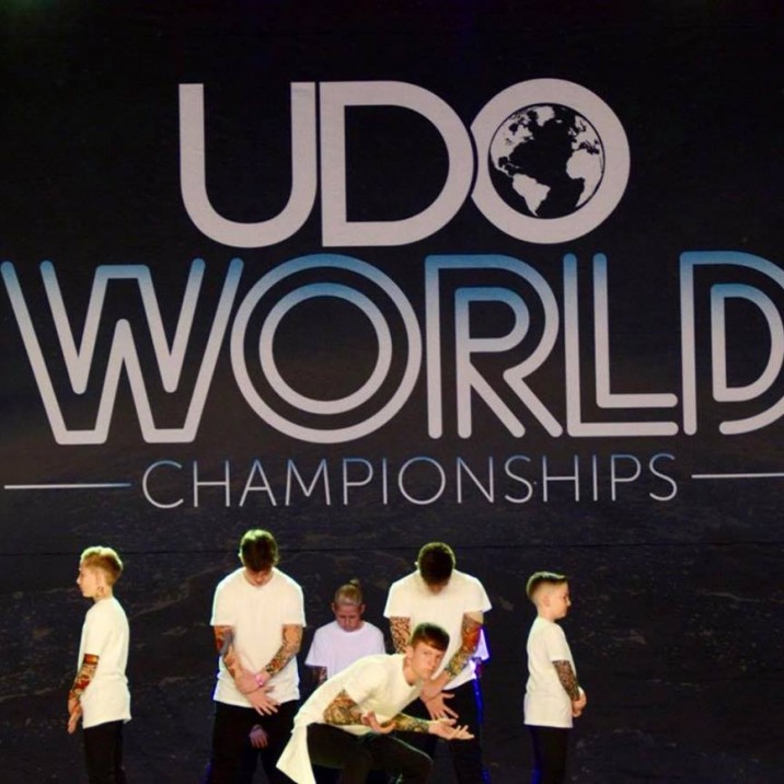 The boys showing off their moves on the stage at the 2018 UDO World Championships.