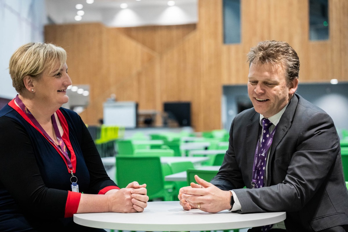Convener of Perth & Kinross Council's Lifelong Learning Committee, Councillor Caroline Shiers, chats with Stuart Clyde in the new dining hall.